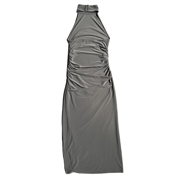 WILFRED / ARITIZIA TAUPE‎ HALTER NECKLINE FITTED “REMEDY” MIDI DRESS WITH SLIT - Picture 10 of 13